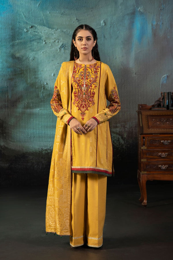 Womens Stitched Mustard Jacquard Three Piece