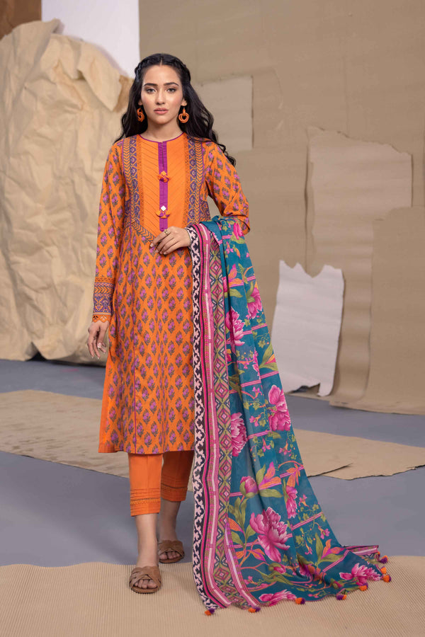Woman Unstitched Printed Embroidered 3 Piece Fine Lawn Orange