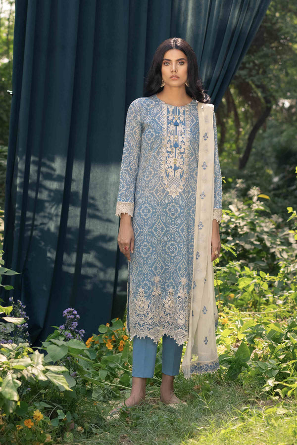 Woman Unstitched Digital Printed Embroidered 3 Piece Fine Lawn Light Blue